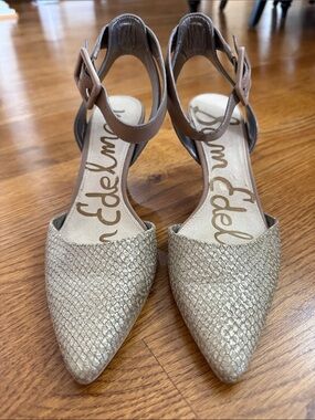 Sam Edelman D’Orsay Ankle Strap Heels Taupe Snake Print Size 6.5M